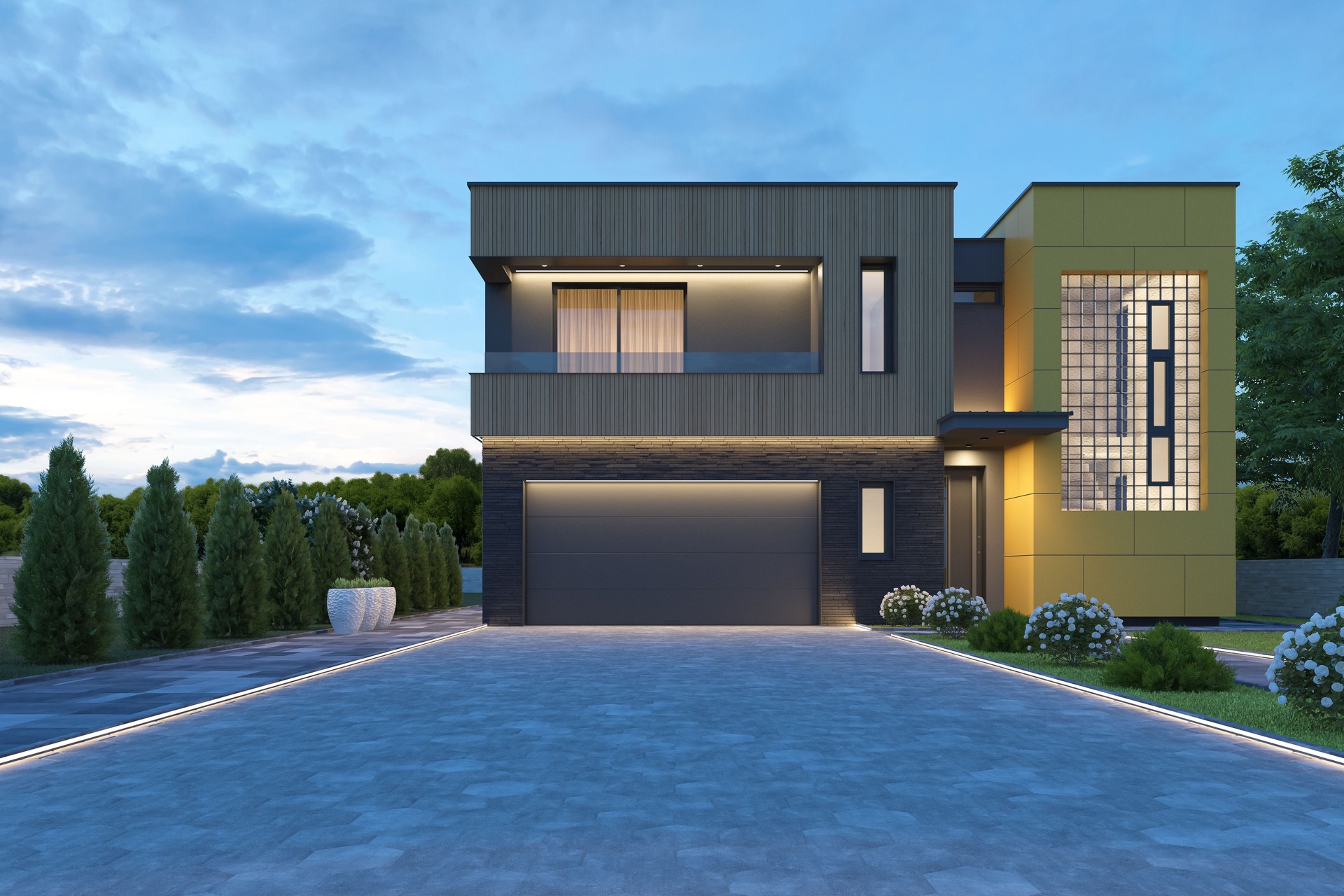 Modern Two-Story House at Dusk with LED Lighting and Contemporary Facade