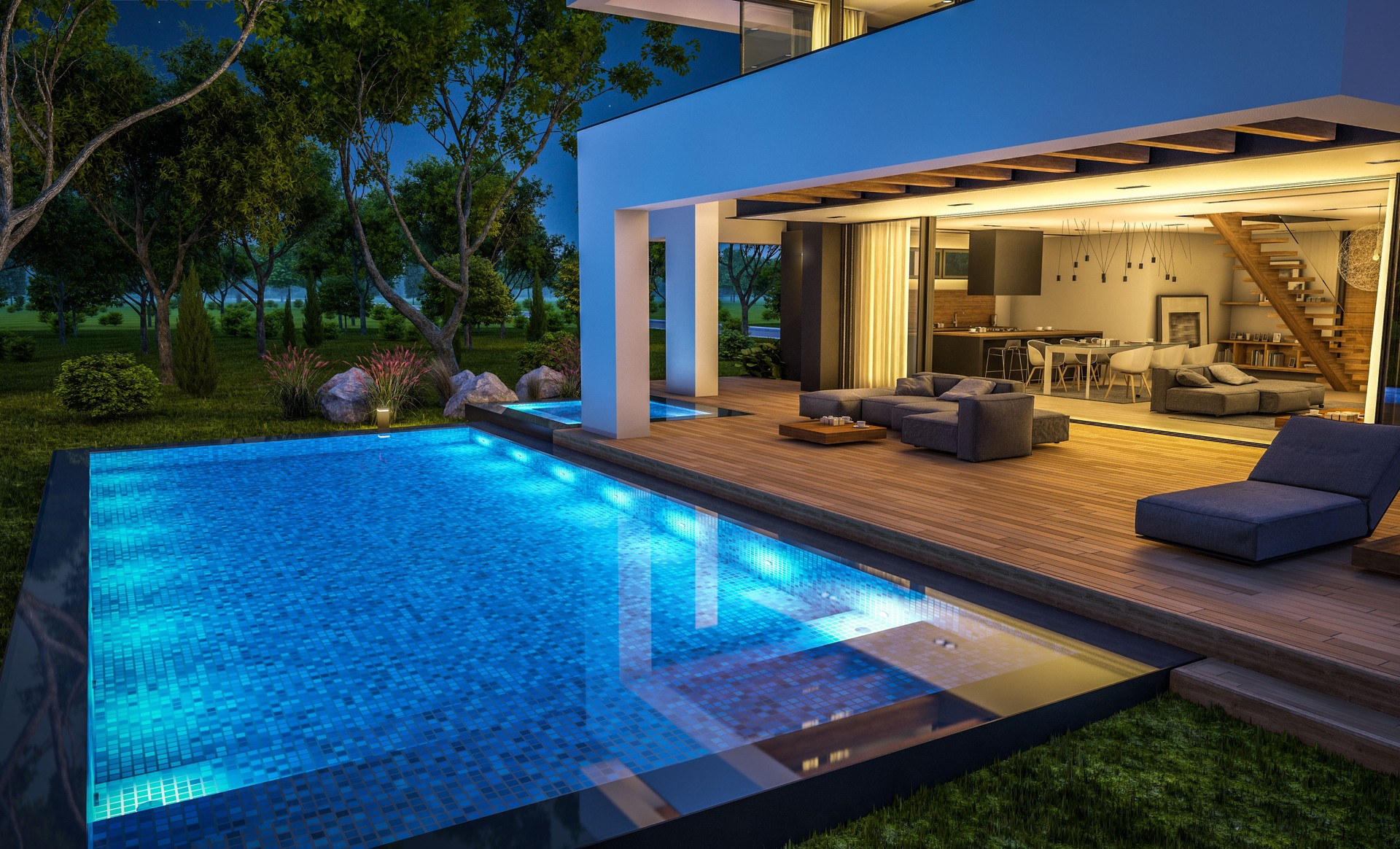 3d rendering of modern house in luxurious style in night
